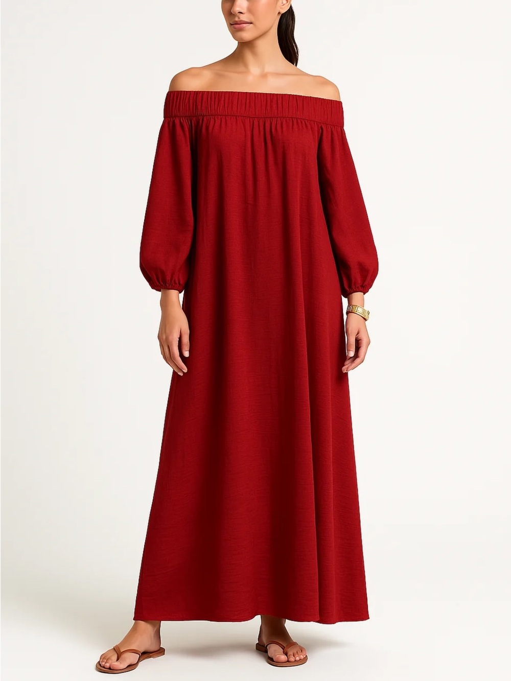 Midi Crinkle Off-Shoulder Dress in Vibrant Orange